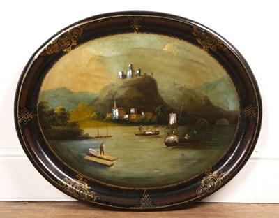 Lot 243 - Oval papier mache tray 19th Century, painted...