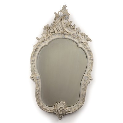 Lot 76 - White painted rococo wall mirror with scroll...