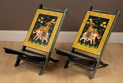 Lot 444 - A pair of Indian Rajasthani handpainted folding low chairs