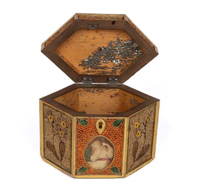 Lot 239 - A George III quillwork tea caddy together with its outer case and caddy spoon