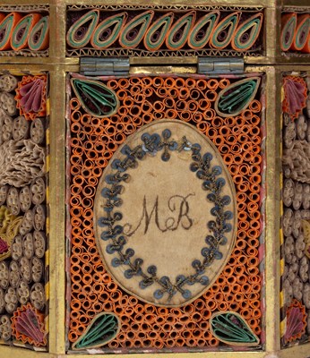 Lot 239 - A George III quillwork tea caddy together with its outer case and caddy spoon