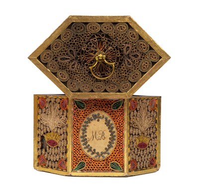Lot 239 - A George III quillwork tea caddy together with its outer case and caddy spoon
