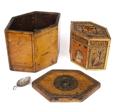 Lot 239 - A George III quillwork tea caddy together with its outer case and caddy spoon
