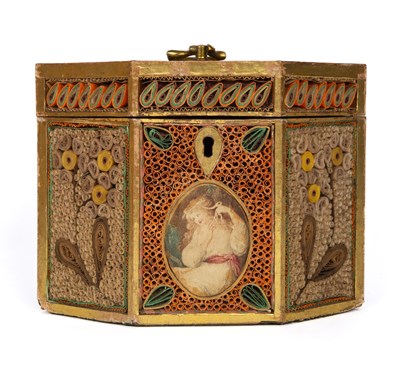 Lot 239 - A George III quillwork tea caddy together with its outer case and caddy spoon