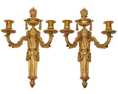 Lot 377 - A pair of antique ormolu two-branch wall lights in the Continental Neoclassical style