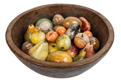 Lot 461 - A wooden bowl of hardstone eggs and fruit