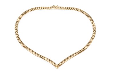 Lot 299 - A 9ct gold necklace, composed of herringbone...