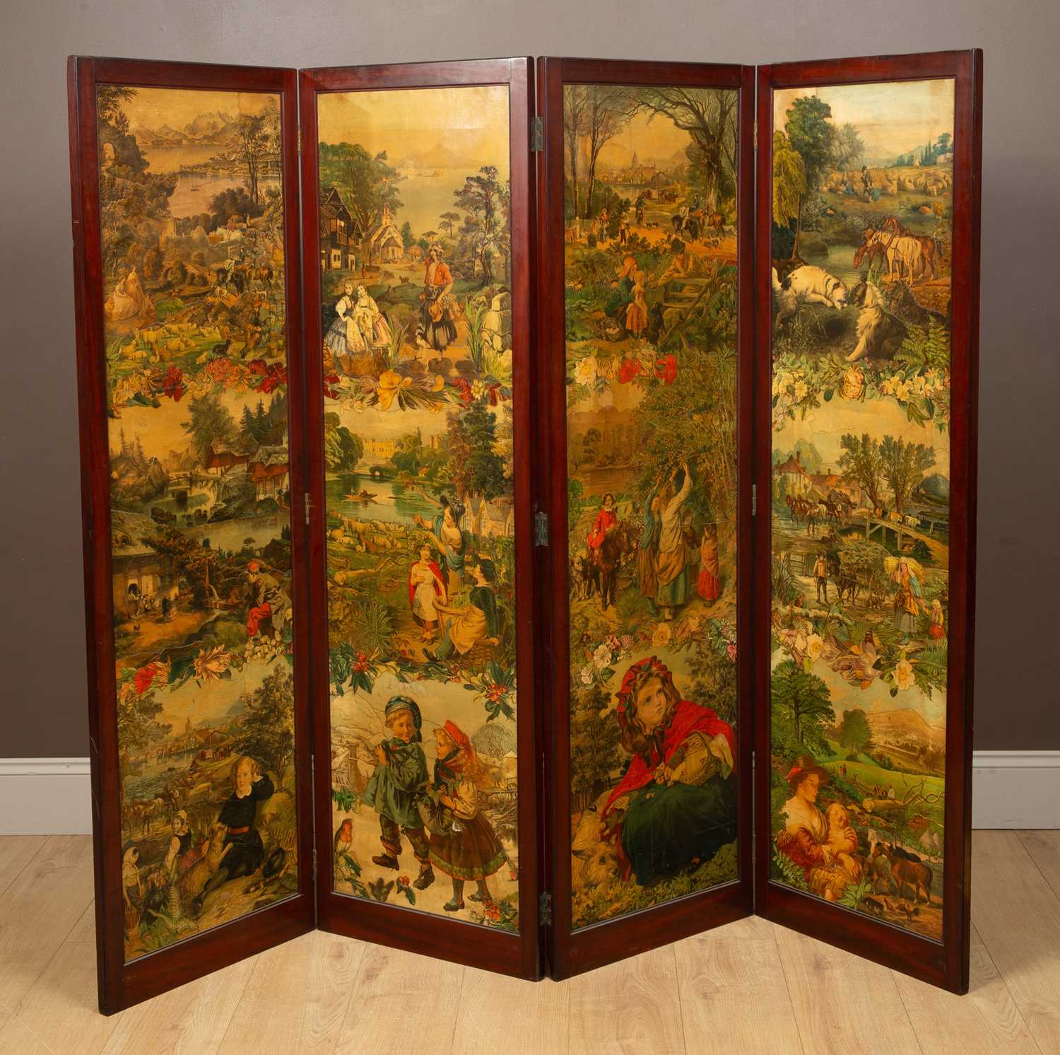 Lot 75 - A Victorian mahogany framed four-fold scrap screen