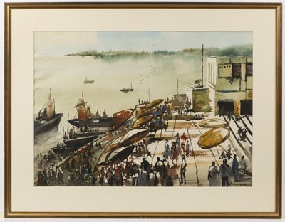 Lot 340 - Ranadip Mukherjee (b.1968) A busy harbour,...