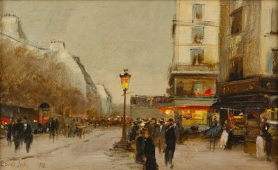 Lot 279 - Luigi Loir (1845-1916) Evening street scene,...