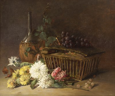 Lot 366 - E* Wesley Hunt Still life - basket with bottle,...