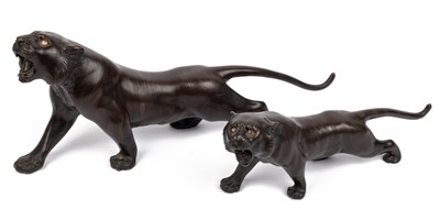 Lot 447 - Two Japanese Meiji style bronze tiger statues