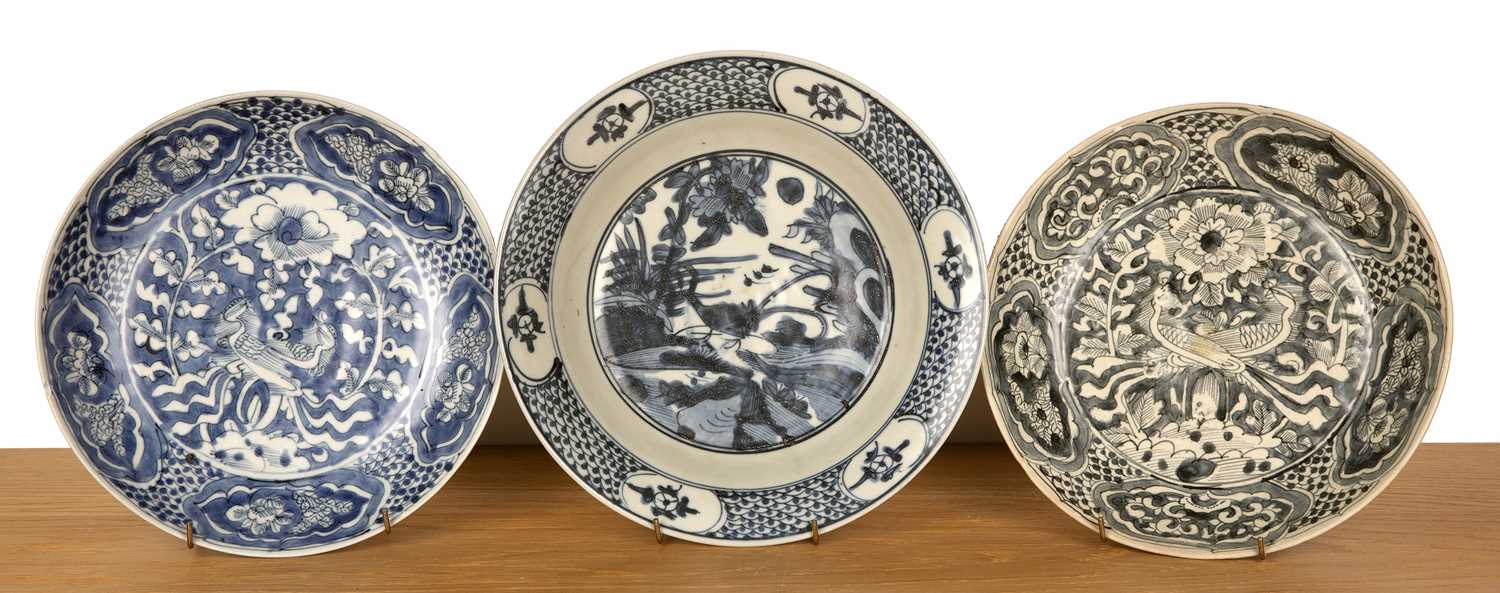 Lot 37 - Three Swatow porcelain blue and white dishes...