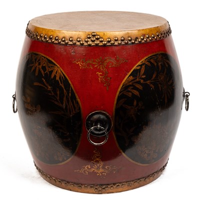 Lot 39 - An red and black lacquered temple drum