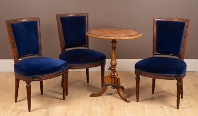 Lot 213 - Three walnut side chairs and a walnut tripod table