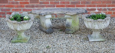 Lot 1195 - A pair of garden urns and a curved bench