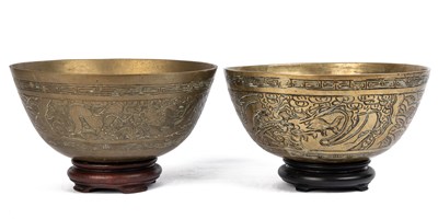 Lot 378 - A pair of antique Chinese brass temple bowls