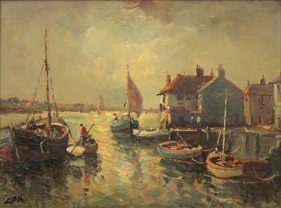 Lot 404 - Jack Cox (1914-2007) Fishing vessels docked at...