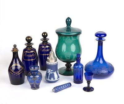 Lot 48 - Three Bristol blue glass decanters the largest...