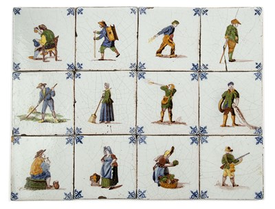Lot 89 - Twelve antique delft tiles, painted with...