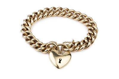 Lot 326 - A 9k gold curb link bracelet, with heart...