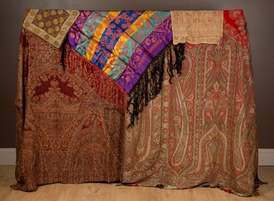 Lot 276 - Two Kashmir shawls, a sampler and one other item of textile