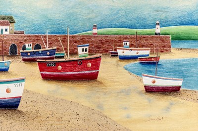 Lot 394 - Simon Hart (b.1969) Boats on the Beach signed...