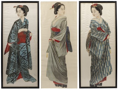 Lot 306 - Three Japanese silk paintings of Geishas