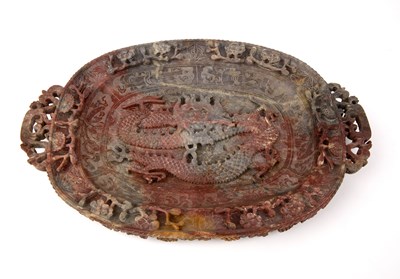 Lot 383 - Carved soapstone oval dish Chinese the centre...