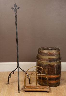 Lot 404 - A coopered stick stand together with a wrought iron tripod stand and a magazine rack