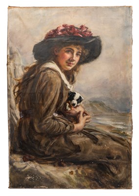 Lot 220 - Walter C. Urwick (British 1864-1943), portrait of a lady at the seaside with a puppy