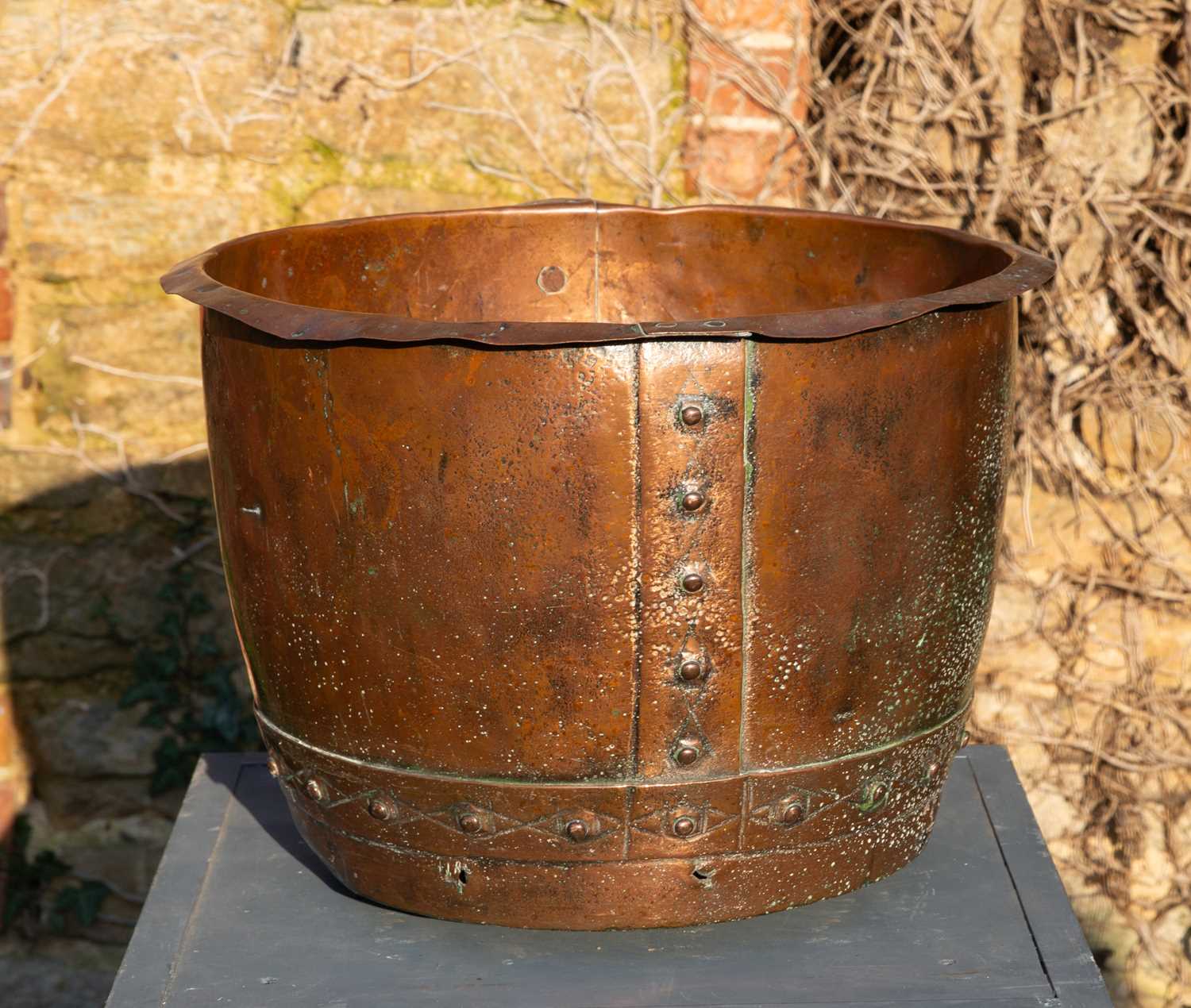 Lot 1332 - An old copper copper together with a brass coal bucket and various fire irons