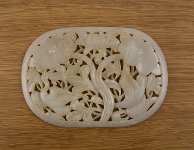 Lot 257 - Oval jade plaque Chinese carved with herons...