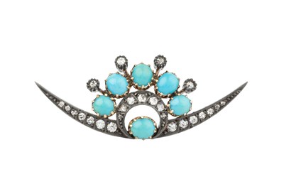 Lot 284 - A turquoise and diamond crescent brooch, set...