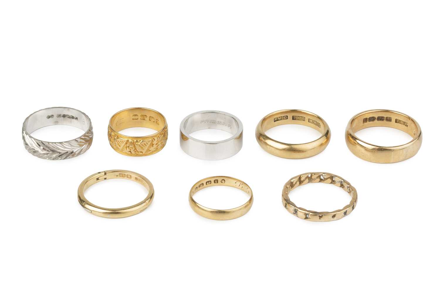 Lot 218 - A collection of six 18ct yellow gold wedding...