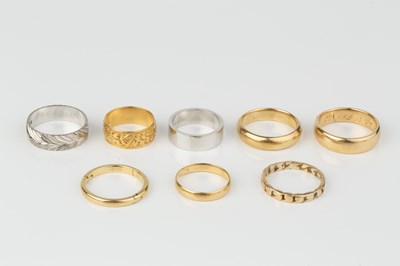 Lot 218 - A collection of six 18ct yellow gold wedding...