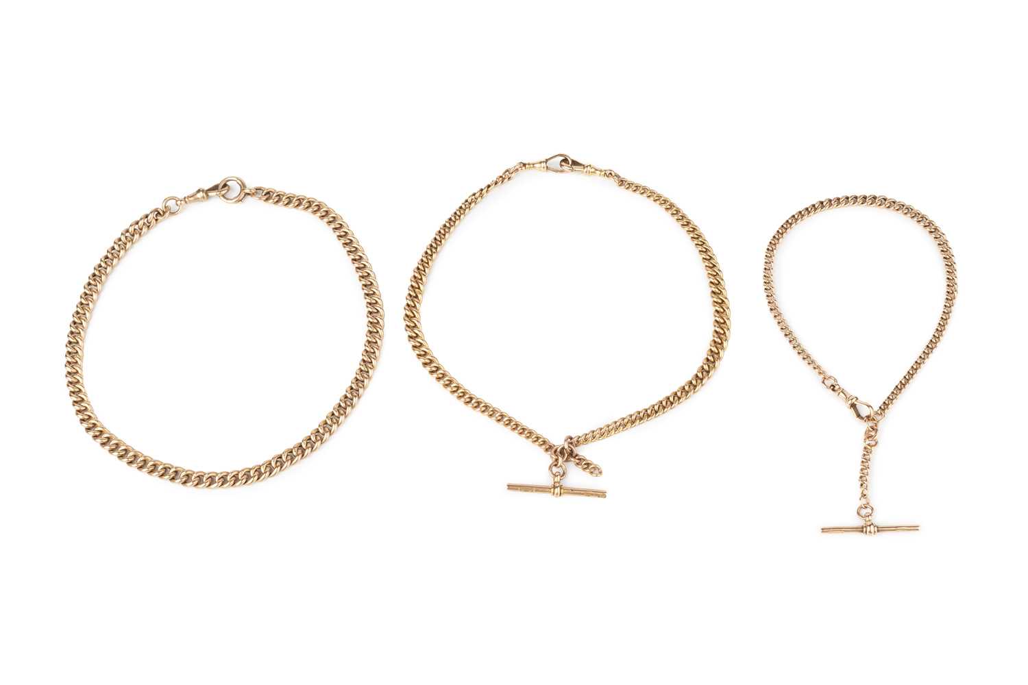 Lot 215 - A 9ct gold curb-link Albert chain, with T-bar...
