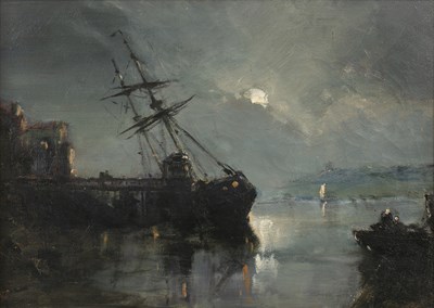 Lot 214 - English school (19th century) Moonlit harbour...