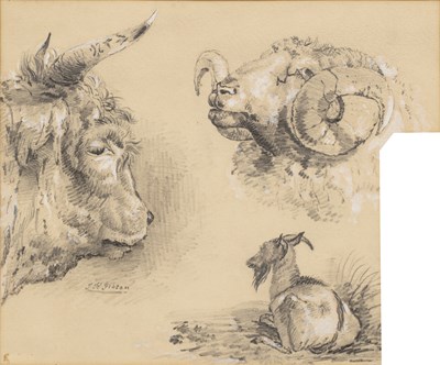 Lot 239 - T*H* Gibson Bull, ram and goat study, signed,...