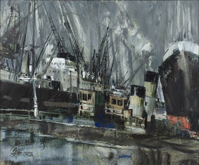 Lot 262 - * Johnston (20th century) A busy harbour scene,...