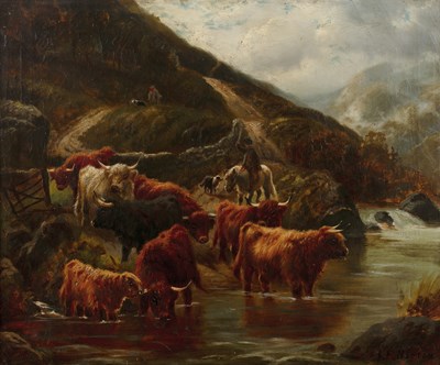 Lot 274 - J*F* Norton Highland cattle watering, signed,...