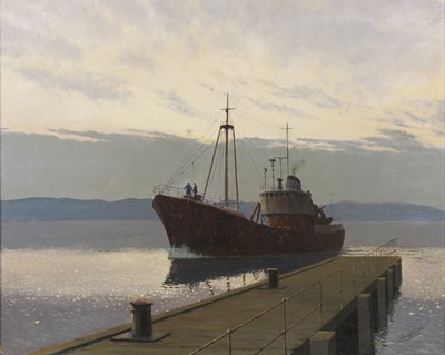 Lot 284 - James Kirby (1917-1999) Ship off a jetty,...