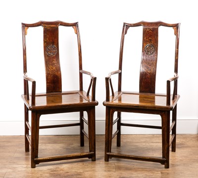 Lot 386 - Pair of elm Ming-style armchairs Chinese each...