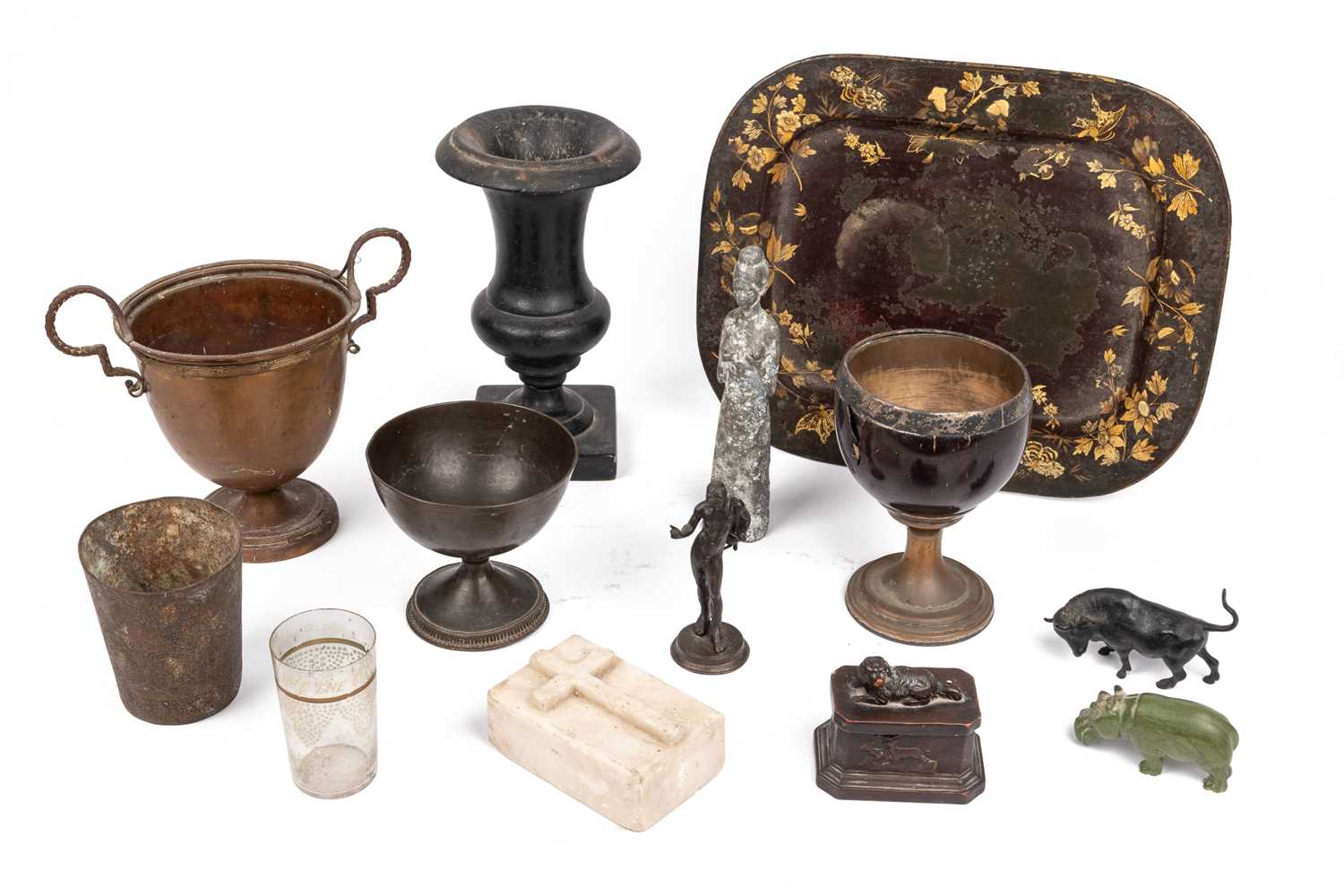 Lot 4 - A coconut cup with a collection of various items