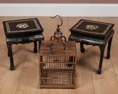 Lot 232 - Two black lacquered plant stands and a bird cage