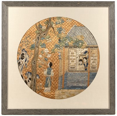 Lot 293 - Embroidered panel Chinese sandstone orange...