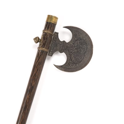 Lot 397 - Axe with wooden handle Persian with gilt...