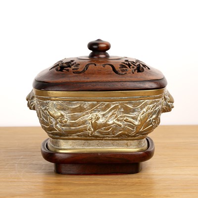 Lot 410 - Bronze incense burner with wood cover and...