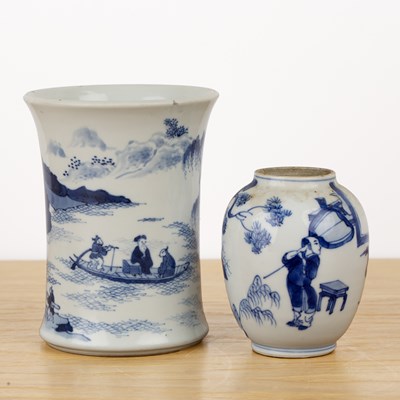 Lot 69 - Blue and white porcelain brush pot and a jar...