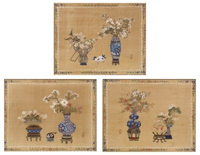 Lot 279 - Three silk studies Chinese painted with vases...